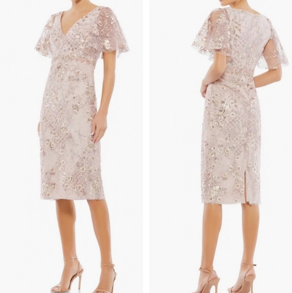 MacDuggal Embellished Lace Flutter Sleeve Dress Rose Pink Size 16 NWT'S